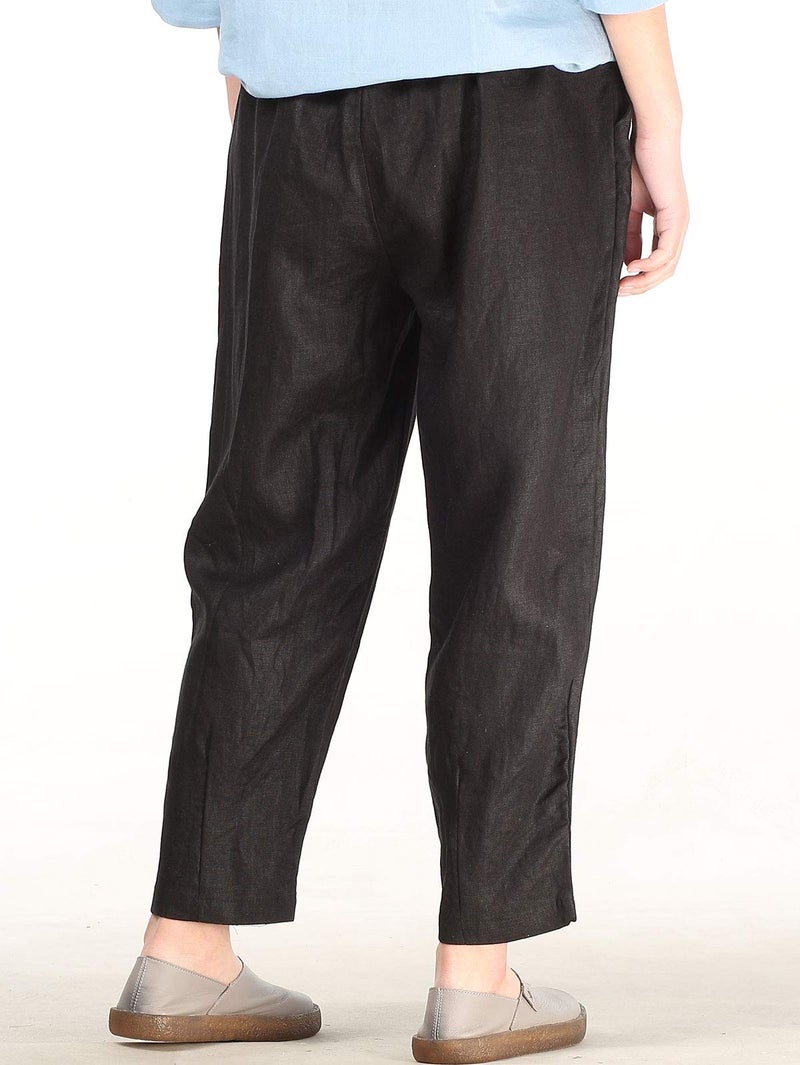 LaovanIn Women's Linen Cropped Pants Tapered Ankle Capris Trousers Elastic Waist Medium Black - Image 5
